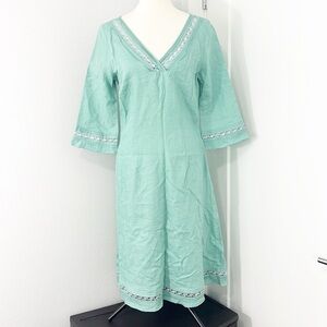 Isabella Bird Size 6 Green Wide Sleeve V-Neck Kurta Linen Tunic Dress